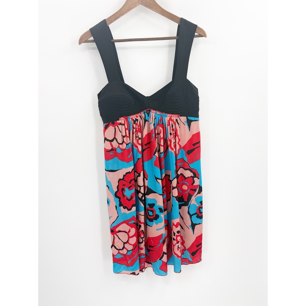 Black Halo 100% Silk Floral Mini Dress Medium Black Blue Red Sweetheart Neck
